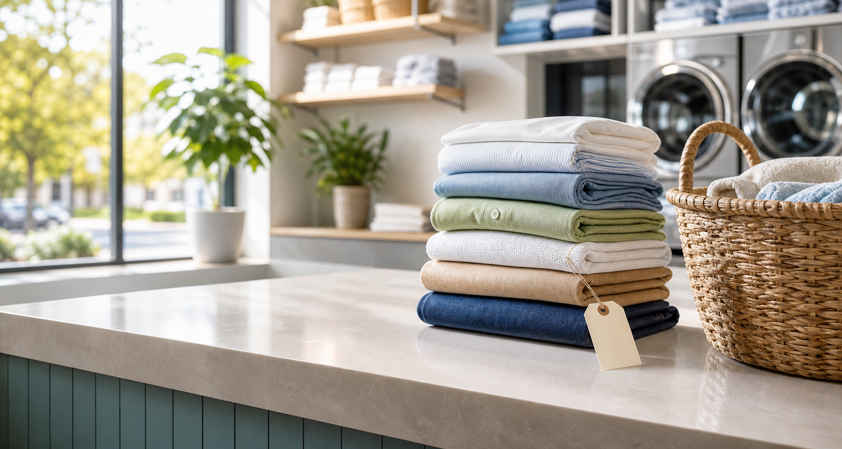 Folded laundry stacked on a clean laundry shop counter